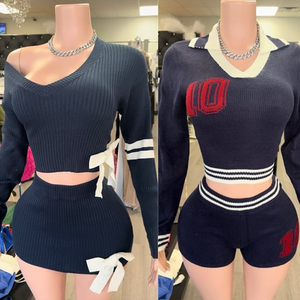 Trajes de primavera y otoño para mujer, suéter corto de punto con lazo y falda, conjuntos de 2 piezas para mujer Y2k, conjuntos de falda de dos piezas, ropa de mujer 2025 - Product Image 1