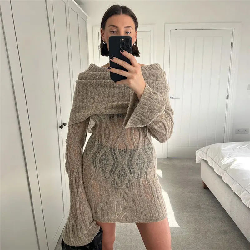 Casual winter solid color wool woven boat neck long sleeve knitted sweater dress short knit dress