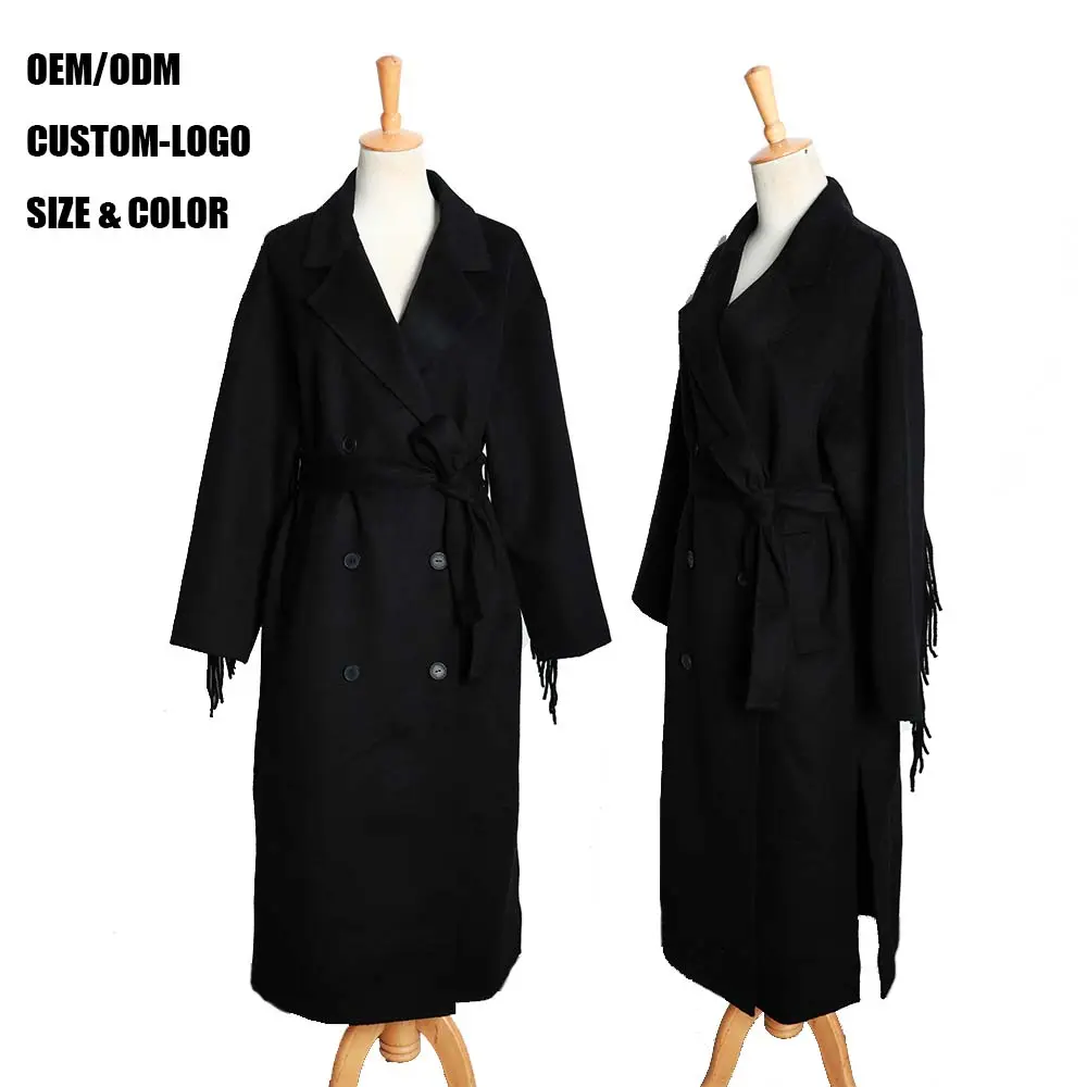 Abrigo largo de lana de doble cara con flecos para mujer, nueva moda, gabardina con cinturón