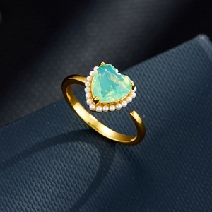Heart-Shaped Light Green Opal Open Ring With Pearl Beads Adjustable Index Finger Jewelry Gift For Women - Product Image 1