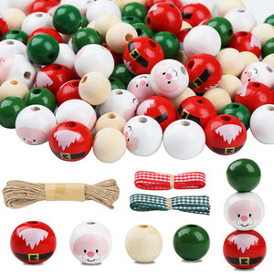 Ensemble de perles en bois imprimées Père Noël, 120 perles avec corde en chanvre, décoration d'arbre de Noël, fournitures artisanales - Product Image 1