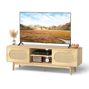 Mueble de TV telescópico simple de ratán y madera maciza y mesa de centro combinada, mueble de TV con almacenamiento para sala de estar, negro, claro - Product Image 4