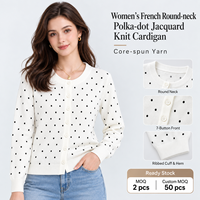 Logo Kustom OEM ODM Atasan Rajut Kerah Bulat Wanita Cardigan Jacquard Polkadot Prancis Musim Semi Gugur Sweater Lengan Panjang Serbaguna
