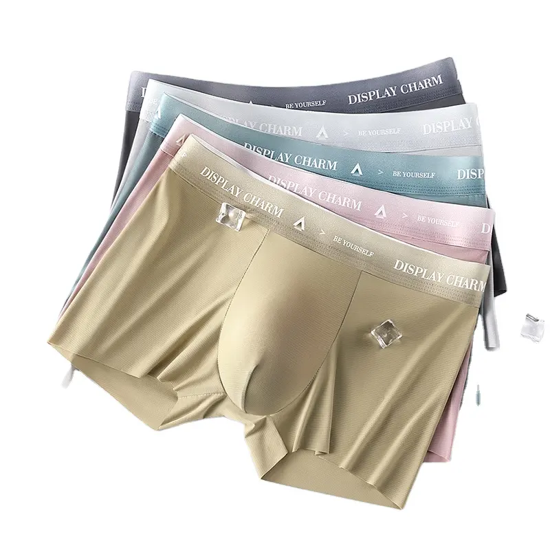 Celana dalam pria, tipis es sutra mulus Logo celana pendek huruf keren transparan Label elastis pria celana dalam boxer