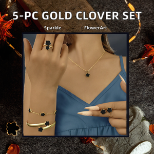 Ensemble de bijoux plaqué or trèfle à cinq feuilles : collier, boucles d'oreilles, bague, bracelet pour femme, cadeau de mariage ou de fête - Product Image 2