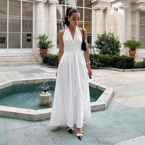 Elegante Abito Lungo Estivo da Donna, Casual con Scollo a V, Design Senza Schienale, Tessuto in Cotone Traspirante, Tinta Unita per il <span class=keywords><strong>Giorno</strong></span> - Product Image 1
