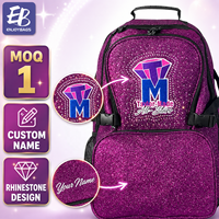 Sac à dos de cheerleading noir classique avec logo brodé personnalisé, nom et accent en strass, fermeture éclair colorée, sac d'équipe pour clubs de cheerleading