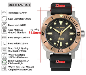 Reloj de Buceo Retro de Titanio San <span class=keywords><strong>Martin</strong></span> 42mm NH35 Automático para Hombre Relojes Mecánicos Bisel de Bronce Zafiro Luminoso Resistente al Agua 200m - Product Image 6