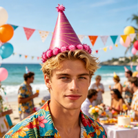 Chapeaux d'anniversaire en feuille métallique avec pompons pour enfants et adultes, accessoires de photomaton en forme de cône, décorations et fournitures pour fêtes d'anniversaire