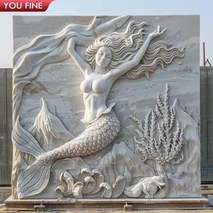 Dekorative weiße Marmor nackte Meerjungfrau Relief Wand skulptur