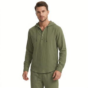 Ensemble de survêtement pour homme, vert olive, à capuche, Henley, manches longues, couleur unie, vêtements de sport décontractés, poches latérales, coton respirant - Product Image 6