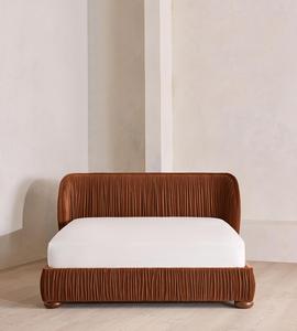 Custom Pleated Velvet Upholstered <b>Bed</b> Frame, Curved Low Profile Platform <b>Bed</b> with Round Wooden Feet <b>for</b> Bedroom - Product Image 2