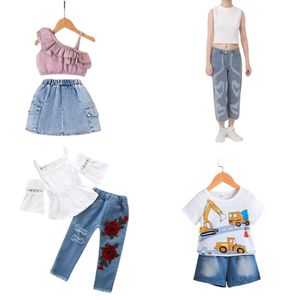 Nouvelles tenues d'été pour enfants, ensembles de vêtements en coton pour enfants avec t-shirt, jupe en jean, pantalon et débardeur pour garçons et filles - Product Image 1