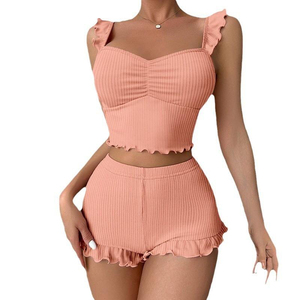 OEM Custom Women Ribbed Knit Pajamas Ruffle Strap Cami Top <b>Shorts</b> 2 Piece Loungewear Sleepwear - Product Image 3