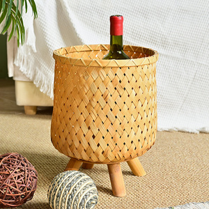 S/2 Farmhouse Rustic Brown Round Decorative Woven Bamboo Storage <b>Laundry</b> <b>Basket</b> with Wood Legs Organizer - Product Image 3