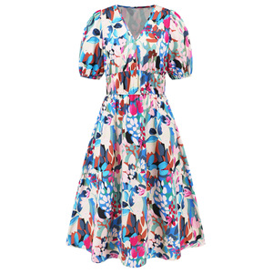 All'ingrosso abito lungo Maxi Boho manica a sbuffo abiti estivi stampati scollo a V abiti da donna di alta qualità - Product Image 5