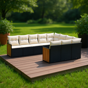Conjunto de sofás de jardín de ratán blanco crema y negro para 10 personas, muebles de exterior de diseño contemporáneo con estructura de madera de teca maciza - Product Image 2