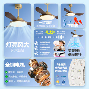 <b>Ceiling</b> Fan <b>Light</b> Fixed Blade <b>Led</b> 3 Color <b>Dimmable</b> Quiet For Bedroom And Dining Room Full Copper Motor High Power - Product Image 1
