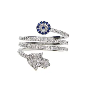 Kualitas Tinggi Sekrup Putar Cincin Micro Pave Putih Biru Cubic Zirconia 5A CZ Fatima Hamsa Tangan Putaran Mata Cincin untuk Wanita Perhiasan