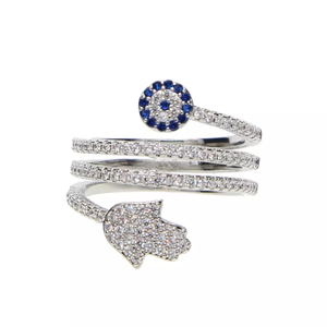 Anello <span class=keywords><strong>a</strong></span> <span class=keywords><strong>vite</strong></span> di alta qualità Micro Pave White Blue Cubic Zirconia 5A CZ Fatima Hamsa Hand Round Eye Rings per gioielli da donna - Product Image 2