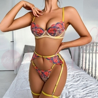 KISS ME ANGEL Lingerie Sexy et Érotique, Contrôle Léger, Broderie Florale, Maille Ajourée, Transparente, Push-up, Ensemble Soutien-Gorge et Culotte pour Femmes