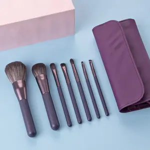 Conjunto de pincéis de maquiagem para cabelo e cabelo, 7 peças de maquiagem rosa roxa para viagem, ferramentas cosméticas de nylon macio, logotipo personalizado, conjunto com estojo