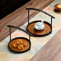 Panier de rangement vintage en bambou avec poignées, plateau à fruits rond portable chinois, plateau à thé