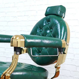 Vintage Barber Chair Heavy Duty Hydraulic Reclining Salon Chair Green Upholstered Round Base - Product Image 2