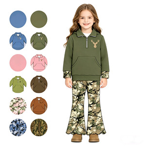 Ensemble de vêtements pour petites filles, motif camouflage de cerf, pull à bord festonné et pantalon évasé, vente en gros, tenues assorties pour sœurs - Product Image 1