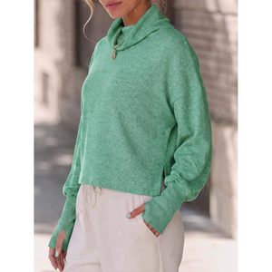 Custom Womens Mock Neck Cropped Pullover Long Sleeve Sweatshirt Cowl Neck Boxy Fit Thumbholes Side Slits <b>Balloon</b> Sleeve - Product Image 5