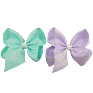 5 inch Customizable embroidery hair bows with letter A-Z hair clips for girls