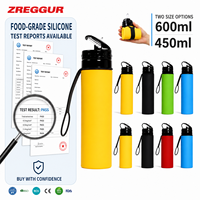 Bouteille d'eau pliable en silicone réutilisable 450 ml 600 ml, bouteille de sport pliable et compressible pour les voyages, le camping en plein air, logo personnalisé