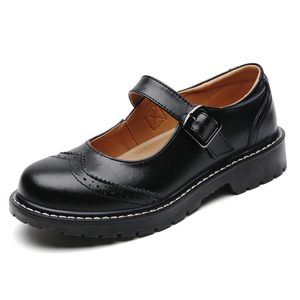 Chaussures plates Mary Jane en cuir véritable noir pour femmes, bout rond, avec boucle, chaussures plates décontractées pour l'école et le travail - Product Image 1
