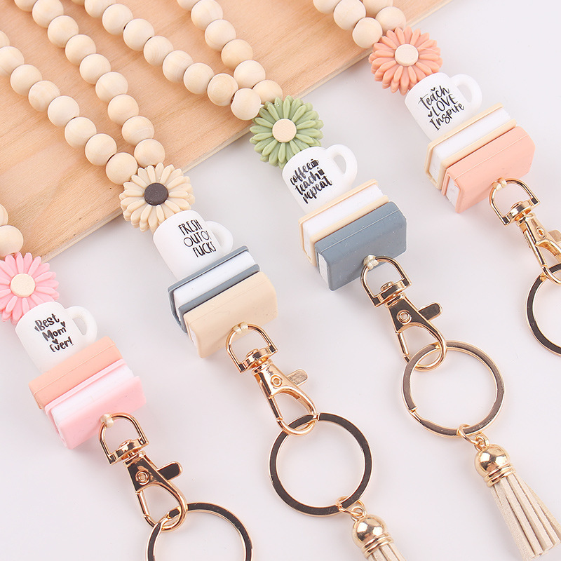 Personalized Silicone Beads Wooden Apple Shape Necklace Lanyard Keychain Beaded Lanyards for Students Teacher Gift Image 2