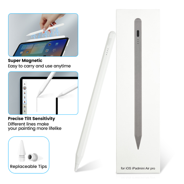 Magnetic Metal for Pencil 2nd Gen Compatible Active Stylus for iPad Pro/Air with Replaceable Nib and Palm Rejection