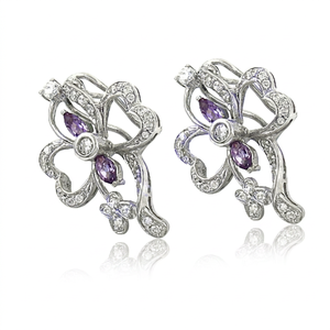 Boucles d'oreilles clous en argent plaqué 925 à motif floral avec pierre naturelle améthyste et diamants ronds taille brillant pour femme, bijoux de soirée - Product Image 1