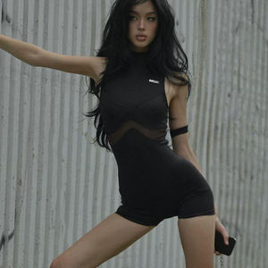 Mono sin mangas de malla con patchwork para mujer, estilo casual deportivo, de una pieza, ajustado con bloques de color - Product Image 3