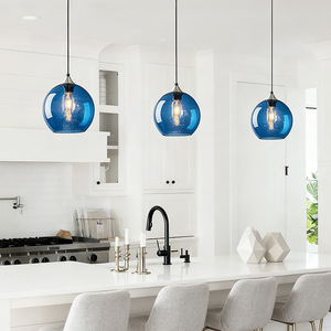 Blue Glass Pendant <b>Light</b> Round E26 Incandescent <b>Bulb</b> <b>Kitchen</b> Bar Restaurant Lighting - Product Image 1
