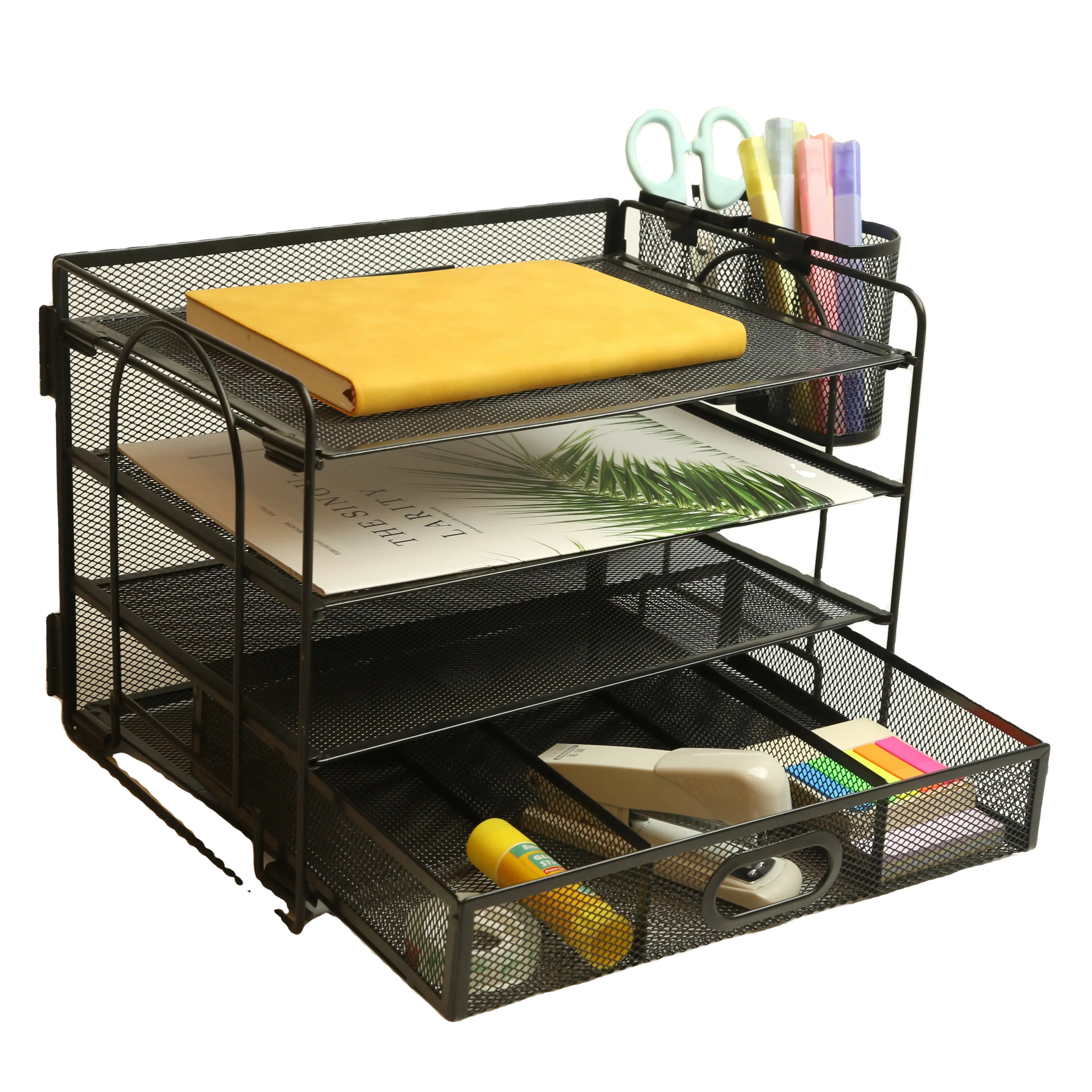 Desktop File Organizer Mesh Hanging File Holder with Drawer 4 Trays and 2 Pen Holders Desk Organizer