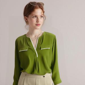 Respirant col en v soie crêpe <span class=keywords><strong>Blouse</strong></span> vert blanc passepoil poches poitrine Style décontracté tissé été printemps solide motif Simple - Product Image 1