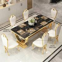 Ensemble de table à manger rectangulaire de luxe moderne style farmhouse Dubai Gold, 6 places, plateau en marbre, acier inoxydable, meubles de salle à manger
