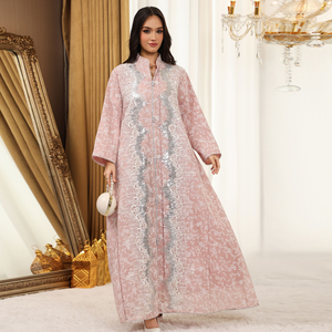 <strong>Zip</strong> Front Stand Collar Sequin Floral Print Abaya, Loose Wide Sleeve Muslim Maxi Dress Women Ethnic Long Kaftan <strong>Gown</strong> - Product Image 4