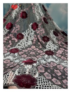 Blinglace pink 3d Floral dengan perak abu-abu <span class=keywords><strong>Lurex</strong></span> Tulle renda dengan Rhinestones beludru Laser Cut untuk indah Fashion gaun - Product Image 4