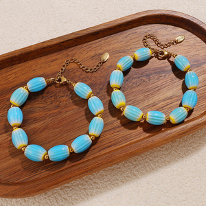 Ceramic <b>Bead</b> Necklace And Bracelet <b>Set</b> Blue Yellow Gold Plated Women's Fashion Jewelry Stainless Steel Irregular Design - Product Image 3