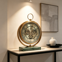 Horloge de table vintage à engrenages apparents, base en marbre et bois massif, décoration de luxe pour la maison, horloge de cheminée pour salon, bureau, hôtel, ornement de bureau
