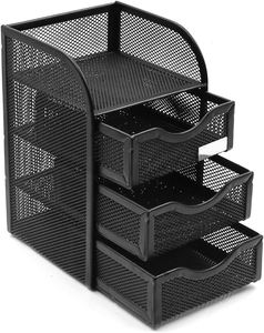 Organisateur de bureau en maille noire moderne avec 3 tiroirs, rangement de bureau pour stylos, dossiers, fournitures scolaires - Product Image 1