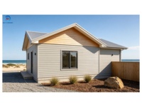 Villa de luxe préfabriquée en acier léger en forme de L, style maison de plage côtière australienne, 3 chambres, 2 salles de bain, plain-pied, modulaire, vue sur la mer, clé en main