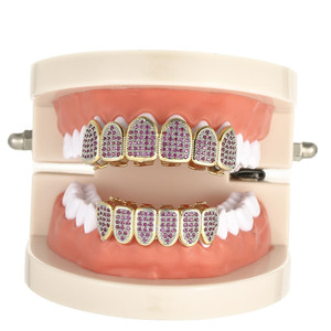 Rapero inferior y superior cuerpo de latón joyería de hip hop para hombre helado de oro diamante bling dientes grillz conjunto - Product Image 2