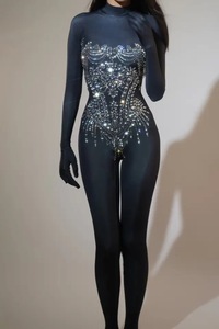 Catsuit de danse extensible Sexy pour femmes avec <span class=keywords><strong>combinaison</strong></span> de strass <span class=keywords><strong>à</strong></span> <span class=keywords><strong>paillettes</strong></span> pour la fête chanteur scène porter anniversaire glisser reine tenue - Product Image 5