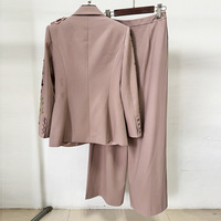 Ensemble Blazer Luxe Rose Clair Brodé de Perles avec Appliques Fleurs 3D, Veste Manches Longues et Pantalon Large, Tenue de Soirée Formelle pour Femme
